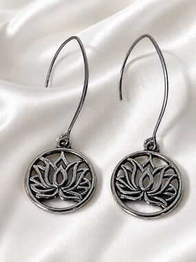 Silver Tone Lotus Flower Threader Dangle Earrings